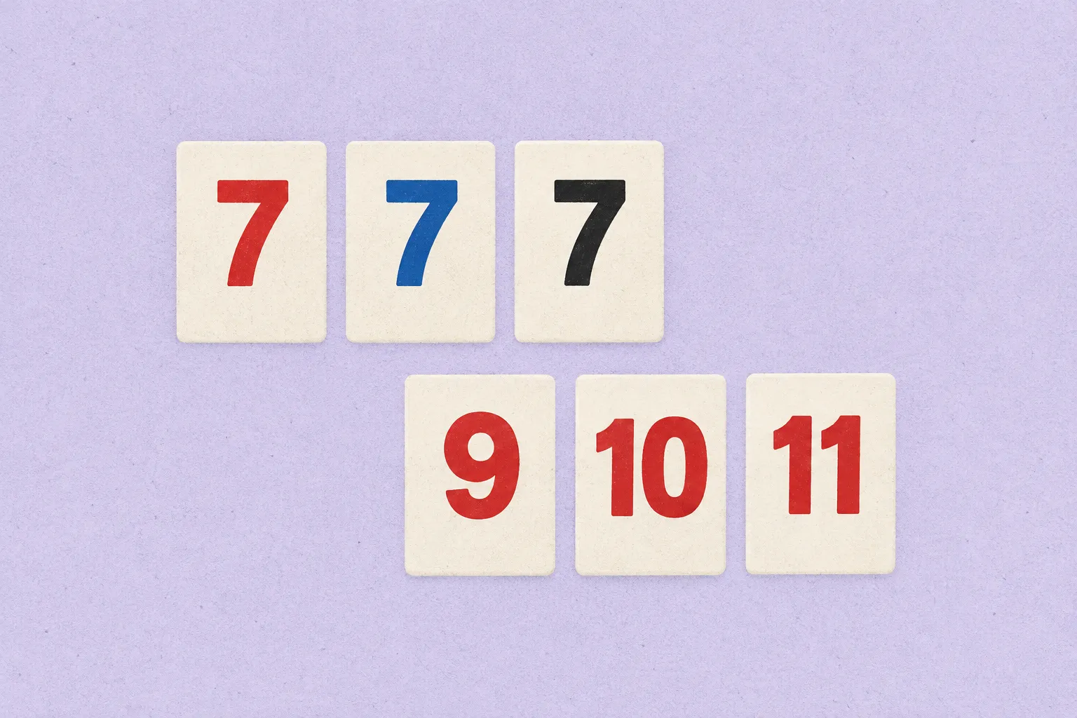 Kolme eriväristä seiskaa ja punainen numerojono 9, 10, 11 vaalealla taustalla.