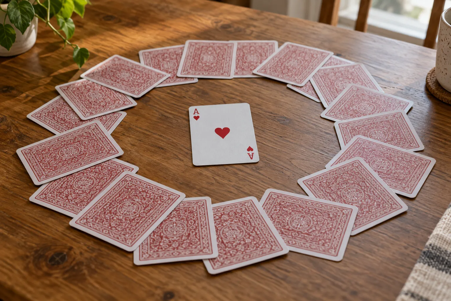 Punaselkäisiä kortteja renkaassa ja herttaässä keskellä puupöytää.